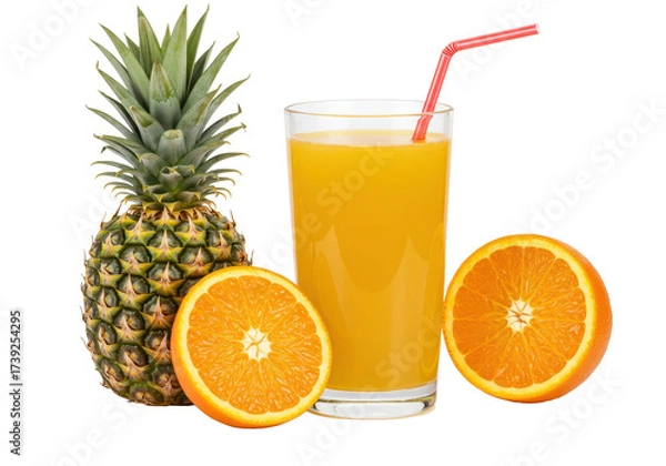 Fototapeta Glass of orange juice with sliced oranges and a pineapple on white background, symbolizing tropical refreshment and vitamin C.
