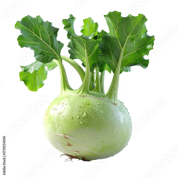 Fototapeta Freshly picked kohlrabi vegetable with vibrant green leaves and a rounded bulbous shape, showcasing water droplets, isolated against a stark black background highlighting the textures and natural...