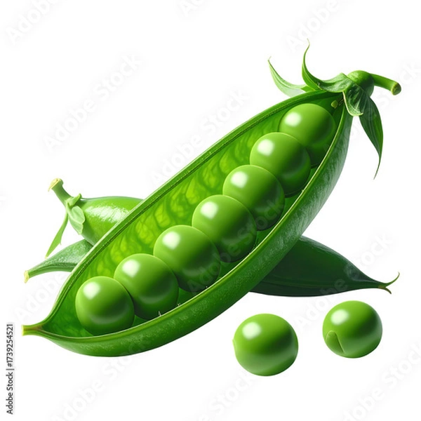 Fototapeta Freshly picked green pea pods, one open showcasing a row of round, vibrant peas, alongside additional pods and loose peas, all presented on a dark, contrasting background that highlights the bright...