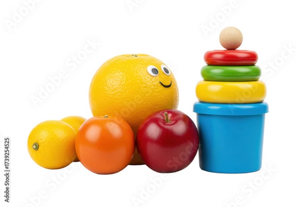 Fototapeta A fun arrangement of fresh fruits and a colorful stacking toy, blending healthy food and playtime for kids' themes.
