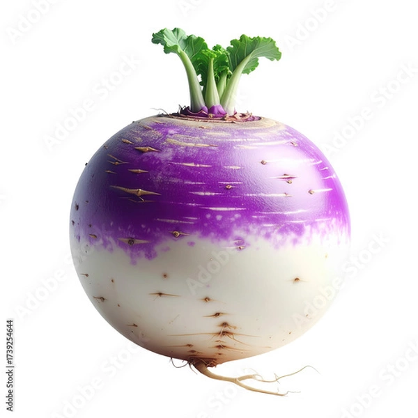 Fototapeta A vibrant, isolated turnip showcases a gradient color scheme of purple and white, complemented by fresh green leaves.