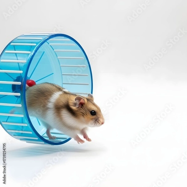Fototapeta A playful hamster running energetically on a blue exercise wheel in a bright, minimalist setting