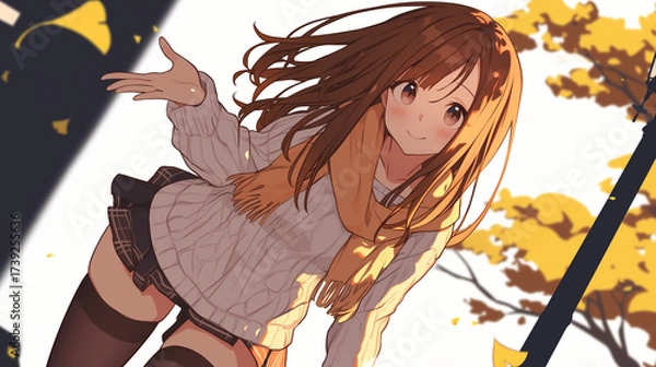 Fototapeta 秋の公園で微笑む女子高生イラスト　セーターとマフラーの暖かい秋ファッション

