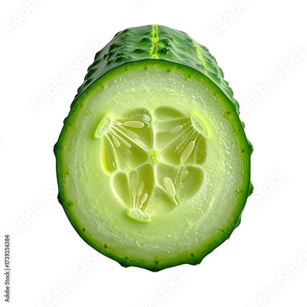 Fototapeta view captures a cross-section of a vibrant green cucumber against a stark black background, displaying its internal structure, textures, and natural details in bright, fresh colors to attract...