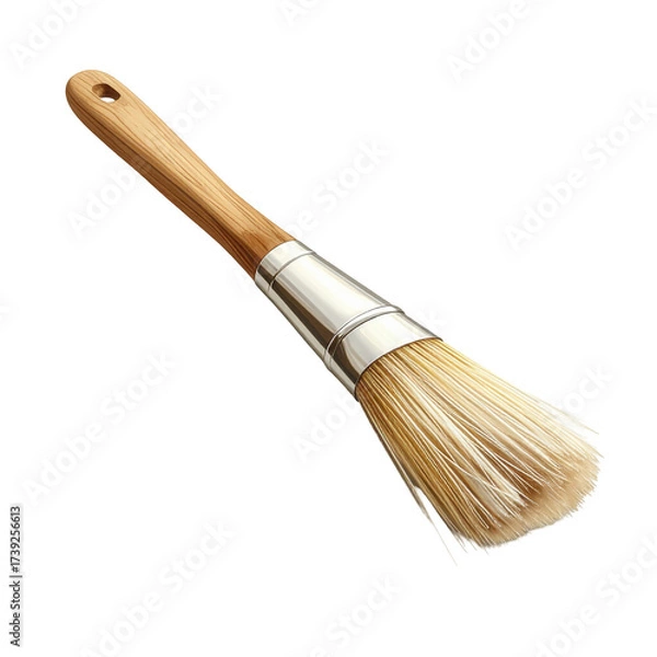 Fototapeta High-angle  shot presents a clean, new, unused paintbrush featuring a natural wooden handle, metallic ferrule, and pale bristles arranged on a dark, black background providing stark contrast.