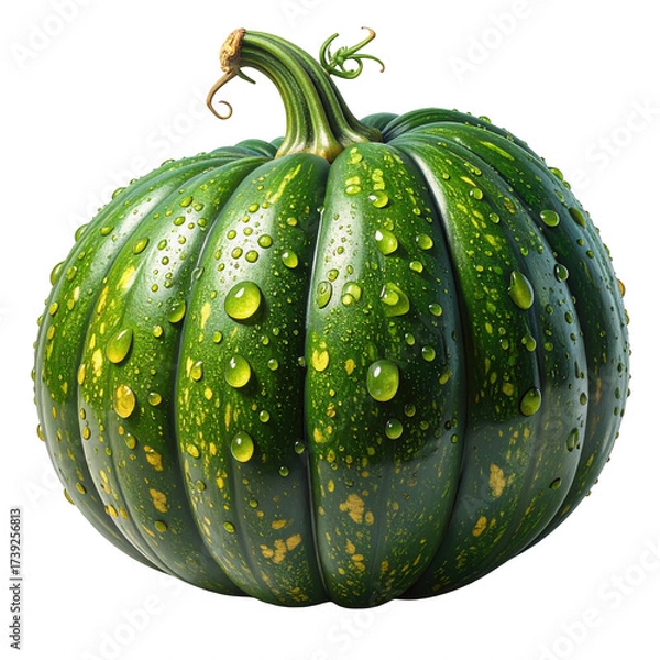 Fototapeta Vivid green squash displays glistening water droplets, showcasing the textured skin and organic lines against a stark black backdrop; the image captures freshness, highlighting the natural details of.