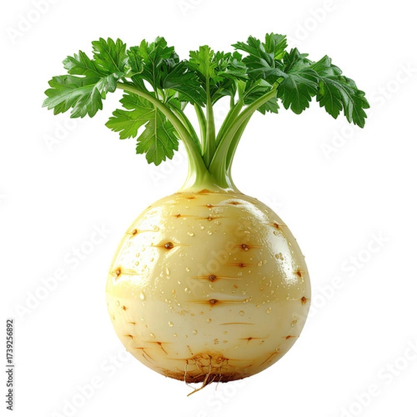 Fototapeta Fresh celery root, showcasing vibrant green leaves emerging from a bulbous, creamy-colored body, against a deep black background, highlighting the organic shape, details, and textures of the...