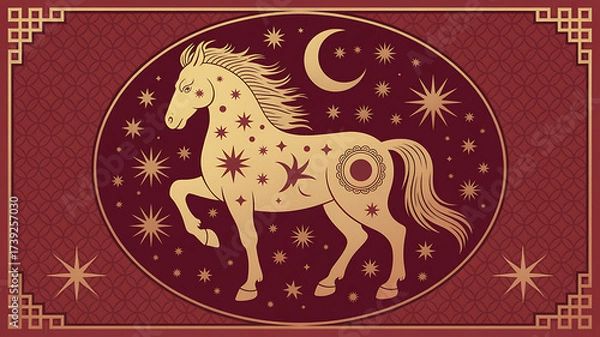 Fototapeta Elegant chinese zodiac horse symbol with celestial elements and festive border design