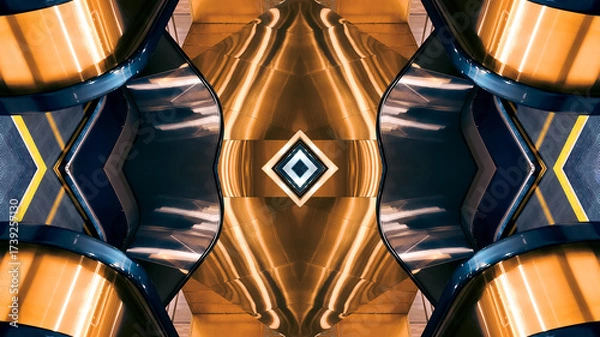 Fototapeta futuristic technology background with digital mirrored and symmetry patterns and cyber glow, innovative tech backdrop with tunnel and warp virtual network design and electronic light, blue and gold