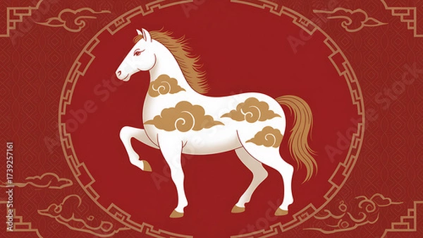 Fototapeta Majestic chinese zodiac horse adorned with clouds and ornate circular frame for lunar new year