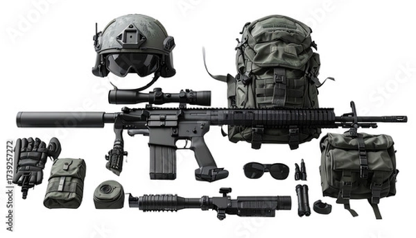 Fototapeta Tactical equipment is displayed against a black background, with a combat rifle, helmet, backpack, and various accessories carefully arranged to portray preparedness and readiness, perfect for...