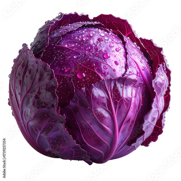 Fototapeta view of a vibrant, freshly harvested red cabbage, glistening with droplets of water against a stark black background, showcasing detailed textures and a rich purple hue, creating a visually striking.