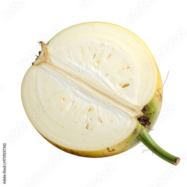 Fototapeta The cross-section of a light-colored, spherical fruit reveals a detailed interior structure, showcasing the fleshy pulp and central core against a stark black backdrop.