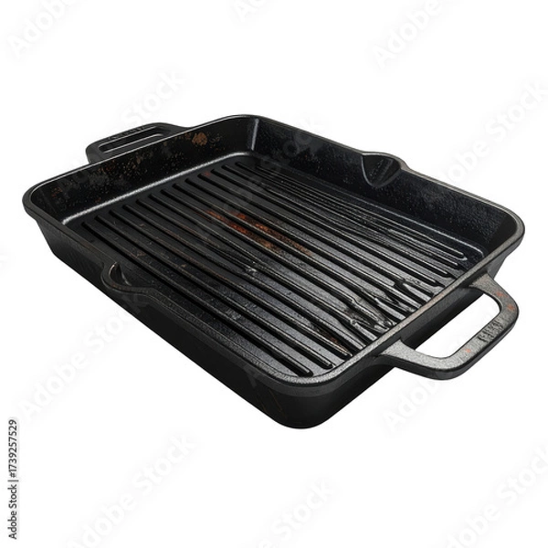 Fototapeta A   shot displays a black cast iron grill pan featuring raised ridges designed to sear food, highlighting its robust construction, textured surface, and the handles for easy handling, all set against.