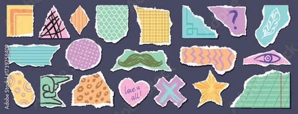 Obraz Torn paper cutout piece collection with rip tear background elements for collage design. Colorful shapes with patterns and heart, star and grid textures for scrapbook or creative journal decoration.