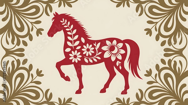 Fototapeta Red horse adorned with floral patterns symbolizes chinese new year and good fortune