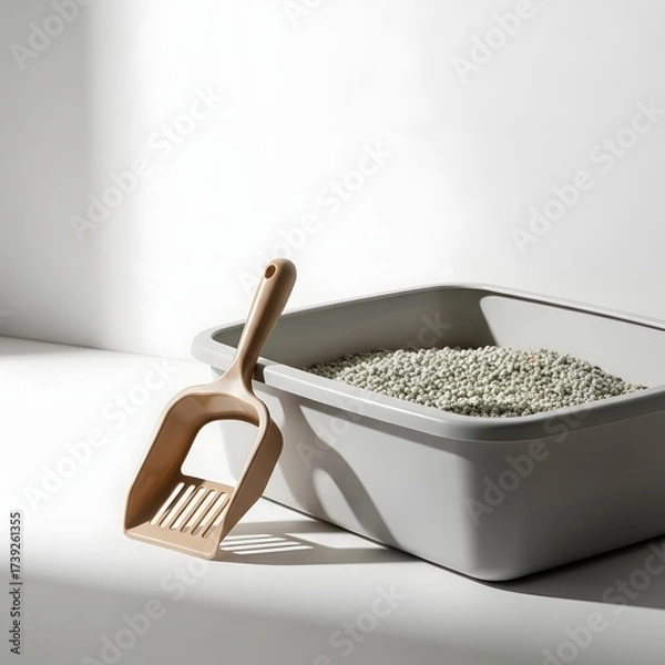 Fototapeta Modern cat litter box with a scoop, featuring clean design and minimalistic aesthetic in bright light