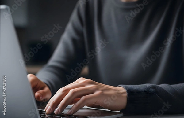 Obraz Professional Business Typing in Modern Office Setting, Hands on laptop keyboard in bright workspace environment