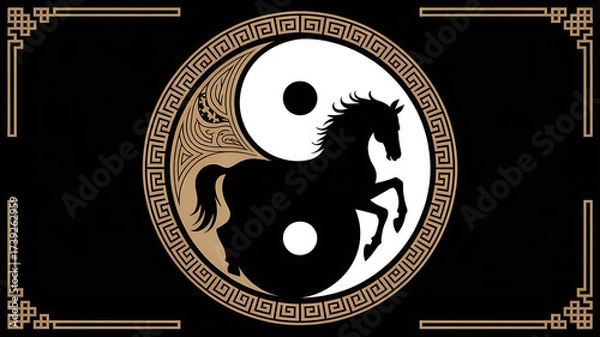Fototapeta Powerful black horse embodiment of strength and balance in traditional yin yang symbol
