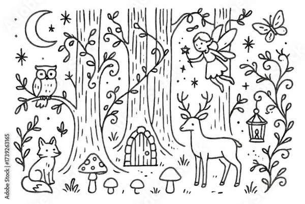 Fototapeta Magical Forest Doodle. Enchanted Forest. Hand-drawn doodle illustration tall trees, mushrooms, fairy, lantern, deer, owl, fox, vines, stars, moon, butterfly,