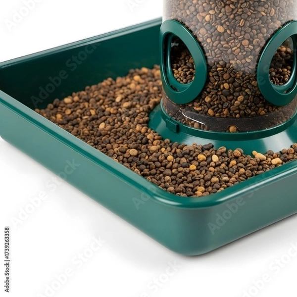 Fototapeta Close-up of a bird feeder filled with seeds, set on a clean surface, with scattered seeds around it