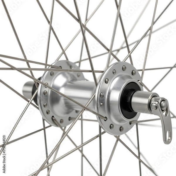Fototapeta Close-up view of a bicycle wheel hub showcasing intricate metal spokes and mechanical details