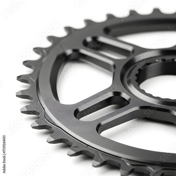Fototapeta Close-up of a black bicycle chainring showcasing intricate design and smooth finish against a neutral background