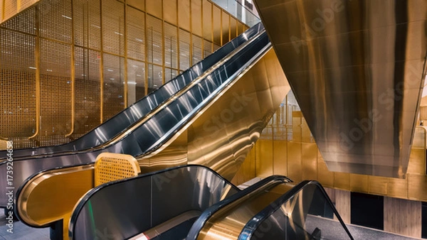 Fototapeta modern escalators in QSNCC with gold perforated panels and sleek design, contemporary transport in Bangkok venue highlighting futuristic luxury and elegant structure