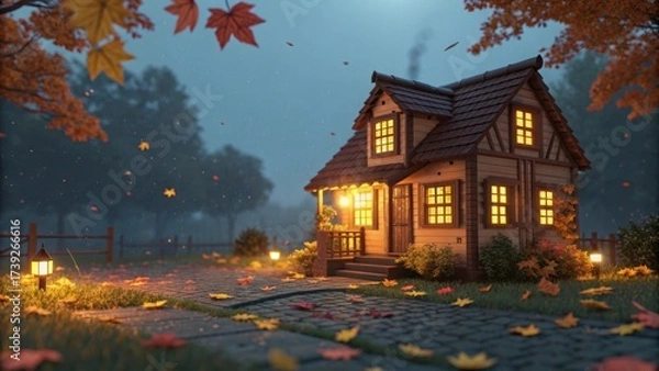 Obraz Cozy autumn house with warm glowing lights.

