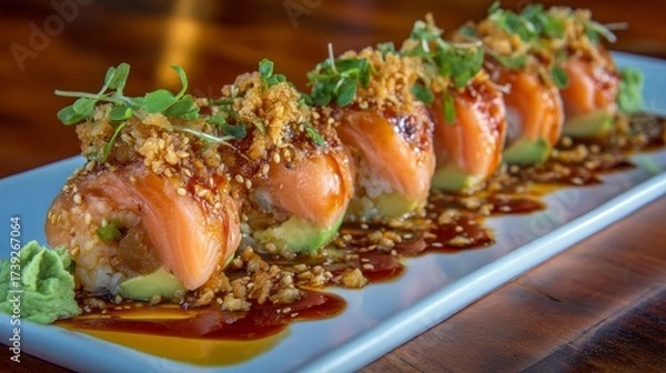 Fototapeta Sushi rolls topped with salmon and crunchy garnish on a white plate