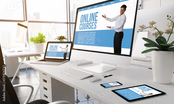 Fototapeta Modern office online courses screen devices.
