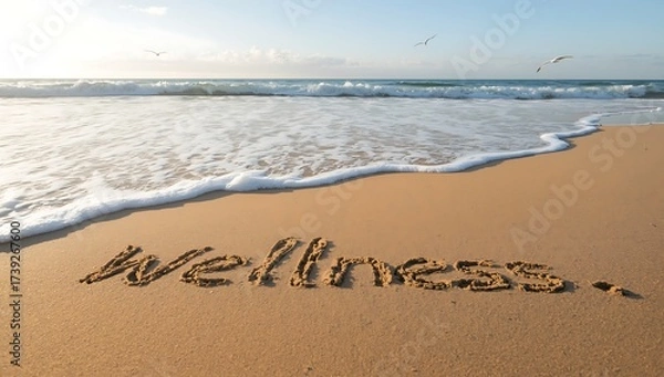 Fototapeta Word Sea written in sand on the beach where the ocean wave meets the coast for a summer vacation concept