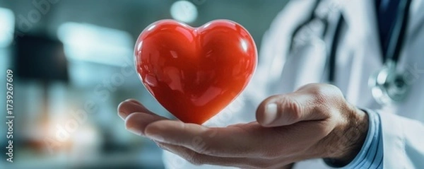 Obraz Doctor Holding Red Heart in Palm – Symbol of Compassionate Care and Heart Health