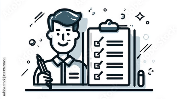 Obraz Vector icon of a driving school theme showing a driver exam checklist, line art style pictogram of an examiner marking a driver’s test pass