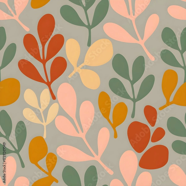 Fototapeta Repeating pattern of botanical minimalist silhouettes in soft muted earthy tones.