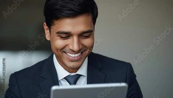 Fototapeta Young businessman in a suit holding a tab and smiling, representing success and professional work in the office