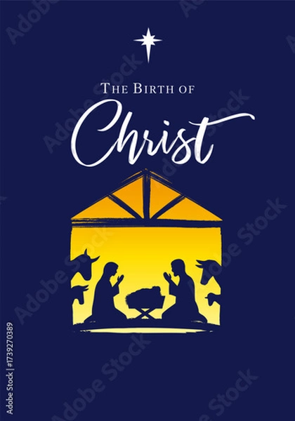 Fototapeta The Birth of Christ Nativity scene with silhouette Holy family and Bethlehem star. Holiday design for Merry Christmas with Jesus in manger, Mary, Joseph and animals. Vector illustration