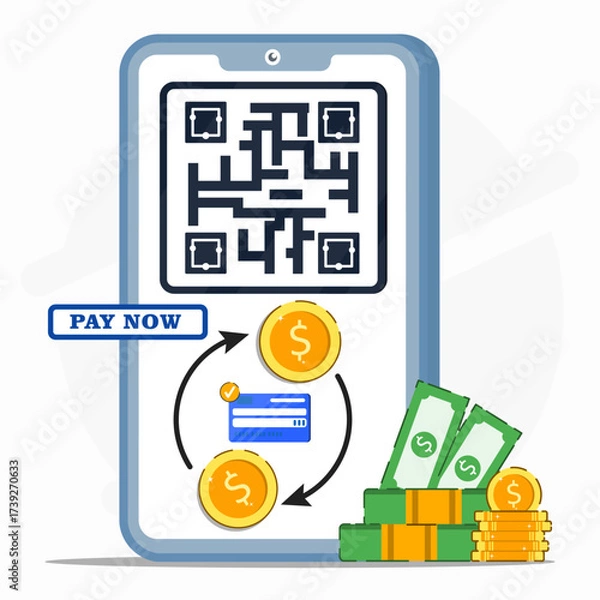 Fototapeta Illustration of QR code payment on smartphone with pay now button and money transfer with credit card concept of digital money, mobile banking and contactless finance technology.