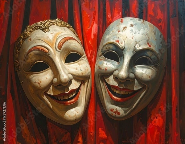 Fototapeta Two theater masks, one smiling, one laughing, against a red curtain backdrop