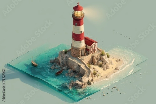 Fototapeta Lighthouse Isometric. Stunning 3D Isometric View of Sea Coast with Lighthouse