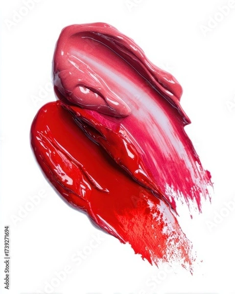 Fototapeta Lipgloss Swatch. Closeup of Vivid Red and Pink Lip Balm Stroke with Creamy Texture