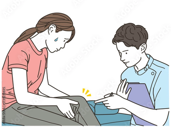 Obraz 膝の痛みを医療従事者に相談する女性患者