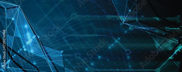 Fototapeta Futuristic science and technology header with interconnected data streams and molecular structures