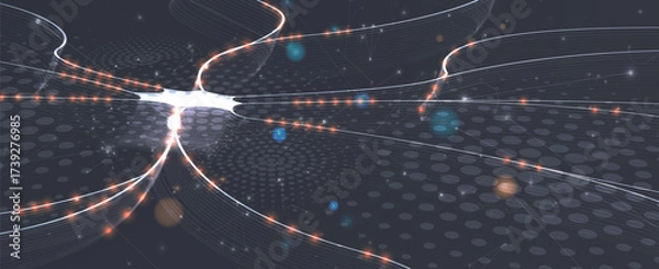 Fototapeta Futuristic science and technology header with interconnected data streams and molecular structures