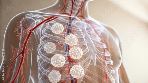 Fototapeta Serious medical illustration of human torso anatomy with transparent view. conceptual image showing cancer cells, health disease concern