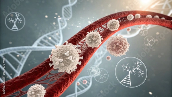 Fototapeta Conceptual illustration of blood vessel with white cells and DNA strand on medical science background, showing complex biological technology