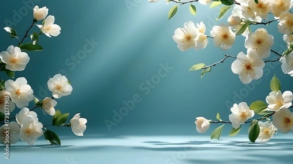 Fototapeta Beautiful cherry blossoms frame a serene blue background with gentle light