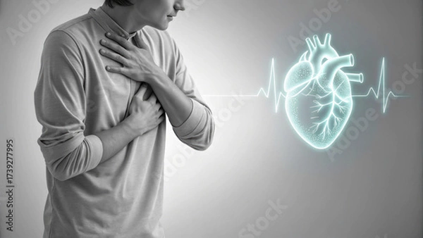 Fototapeta Suffering man with chest pain from heart attack, conceptual illustration of cardiovascular disease with an electrocardiogram on grey background