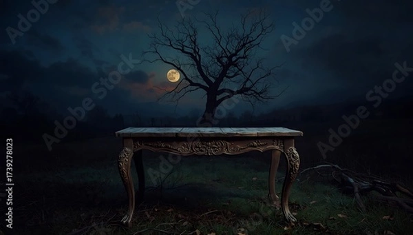 Fototapeta Empty wooden bench in a park at night with trees, grass, and sky in the landscape
