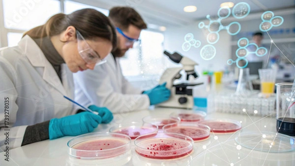 Fototapeta Focused scientist team in laboratory conducting research. man and woman work on science experiment with microscope and technology